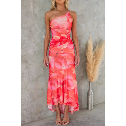 One-Shoulder Ruched Floral Mesh Maxi Dress