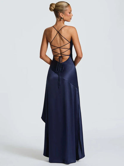 Satin Twist Cowl Neck Slit Maxi Dress
