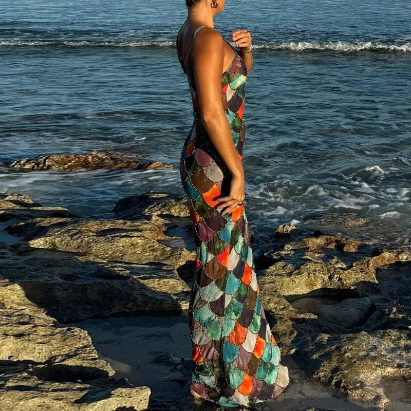 Sequin Print Open-Back Stretch Maxi Dress