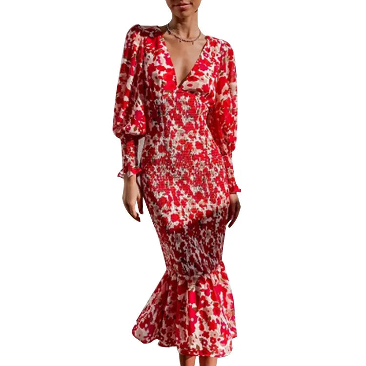 Rowena Floral Smocked Waist Bishop Sleeve Midi Dress