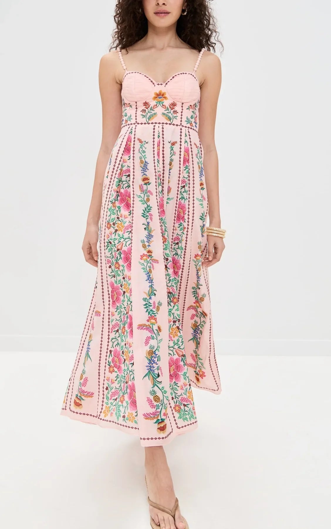 Printed Sweetheart Neck Beaded Strap Maxi Dress