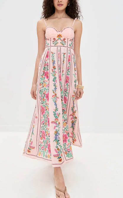 Printed Sweetheart Neck Beaded Strap Maxi Dress