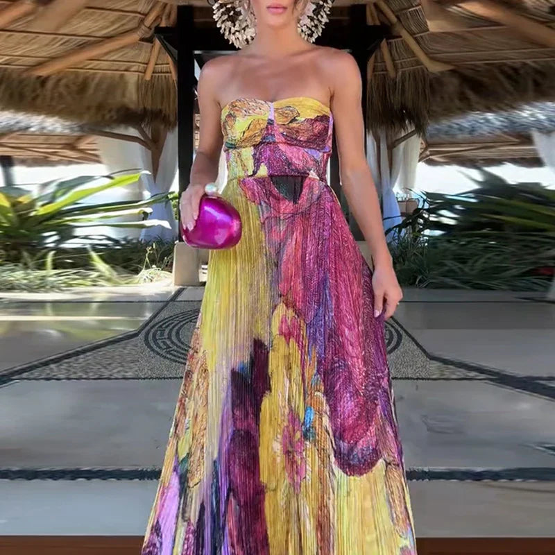 Floral Sweetheart Neck Pleated Maxi Dress