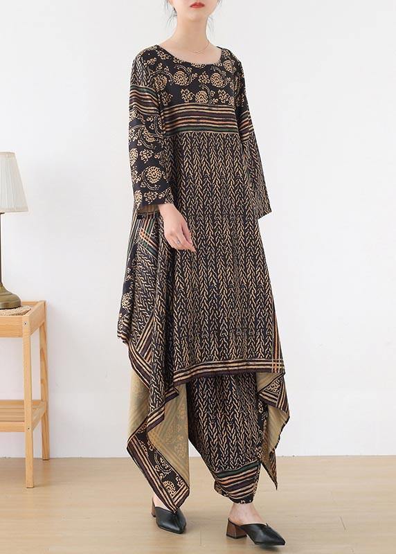 Silk Irregular Black Print Long Top Loose Harlan Leggings Two Piece Set - SooLinen