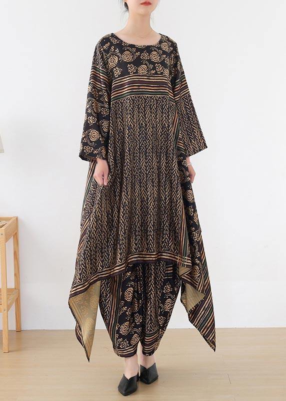 Silk Irregular Black Print Long Top Loose Harlan Leggings Two Piece Set - SooLinen
