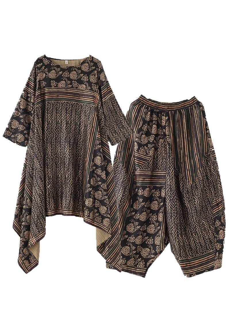 Silk Irregular Black Print Long Top Loose Harlan Leggings Two Piece Set - SooLinen