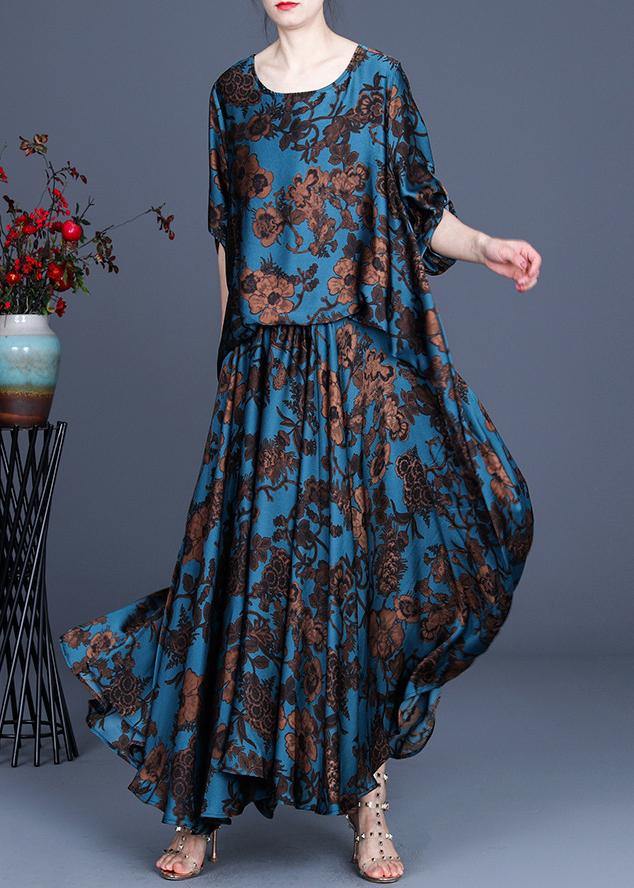 Silk floral irregular dress blue - SooLinen