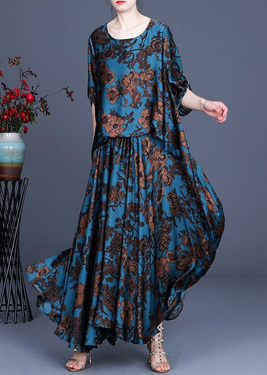 Silk floral irregular dress blue - SooLinen
