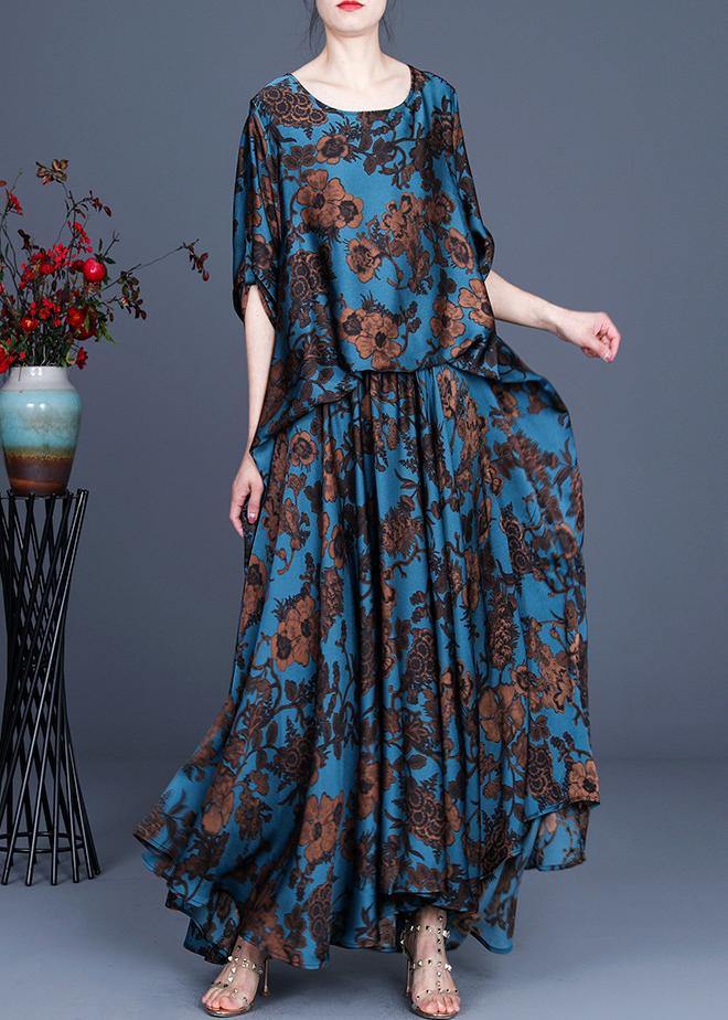 Silk floral irregular dress blue - SooLinen