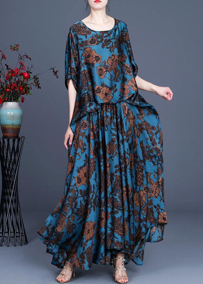 Silk floral irregular dress blue - SooLinen