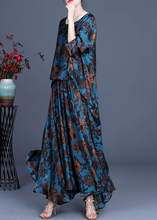 Silk floral irregular dress blue - SooLinen