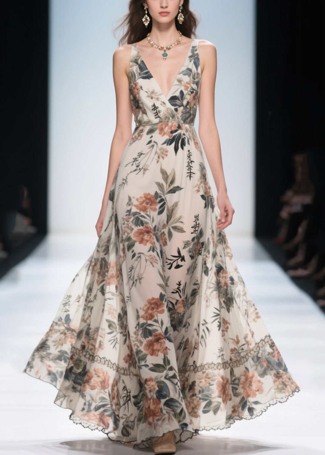 Silm Fit Apricot Print Draping Chiffon Long Dresses Summer