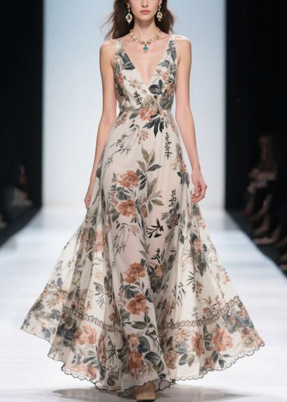 Silm Fit Apricot Print Draping Chiffon Long Dresses Summer