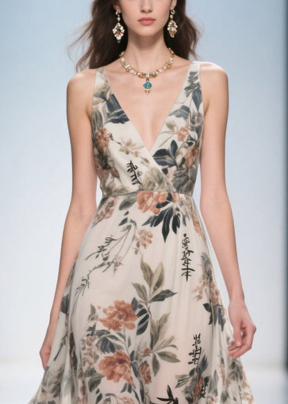 Silm Fit Apricot Print Draping Chiffon Long Dresses Summer