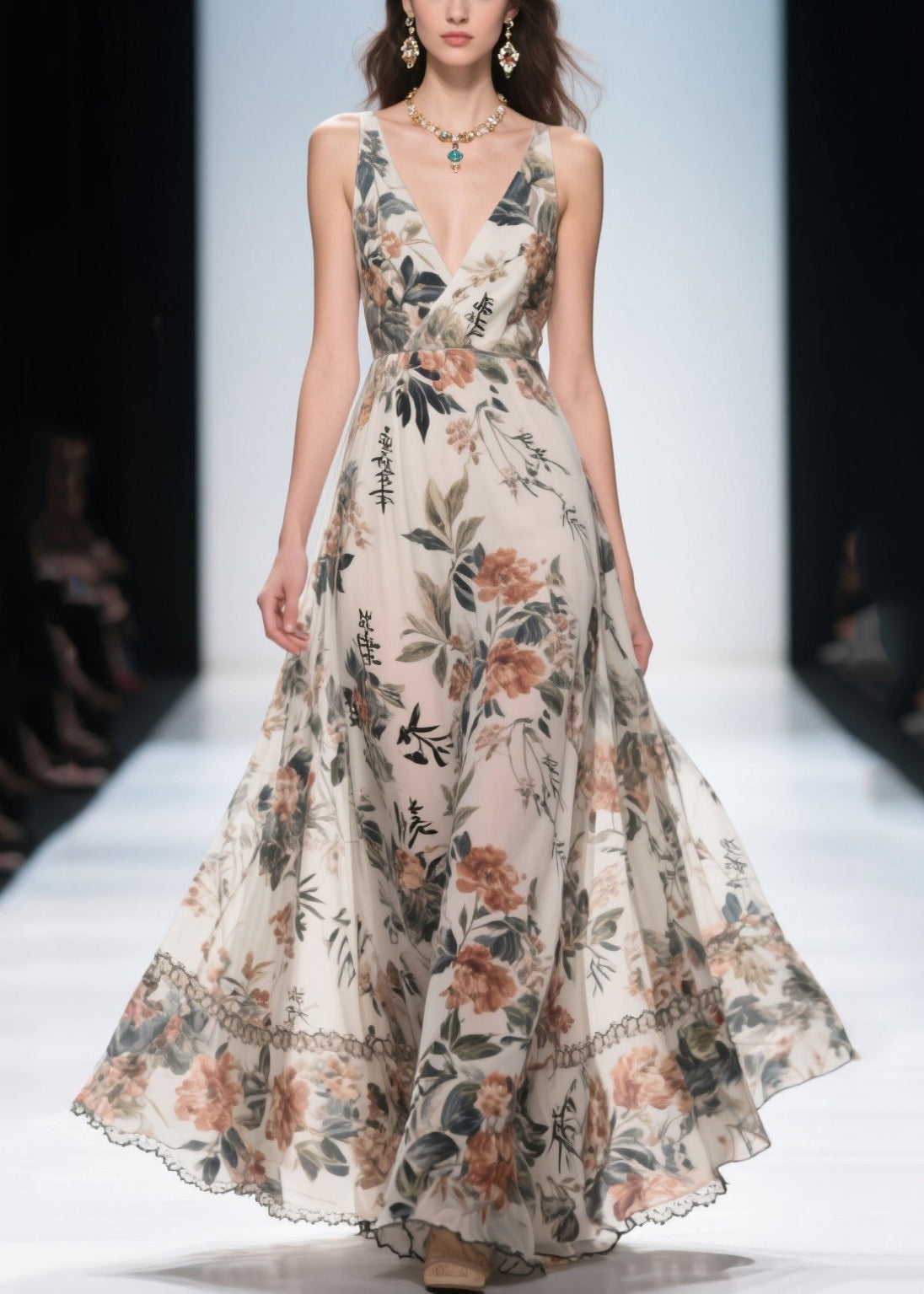 Silm Fit Apricot Print Draping Chiffon Long Dresses Summer