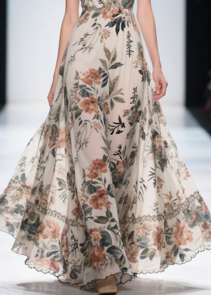 Silm Fit Apricot Print Draping Chiffon Long Dresses Summer