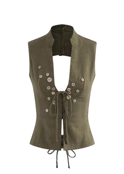 Silm Fit Army Green Backless Lace Up Vest Tops Summer