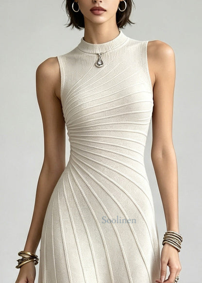 Silm Fit Beige Asymmetrical Striped Cotton Maxi Dresses Sleeveless