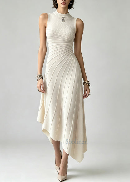 Silm Fit Beige Asymmetrical Striped Cotton Maxi Dresses Sleeveless