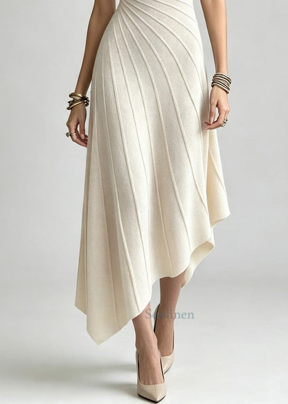 Silm Fit Beige Asymmetrical Striped Cotton Maxi Dresses Sleeveless