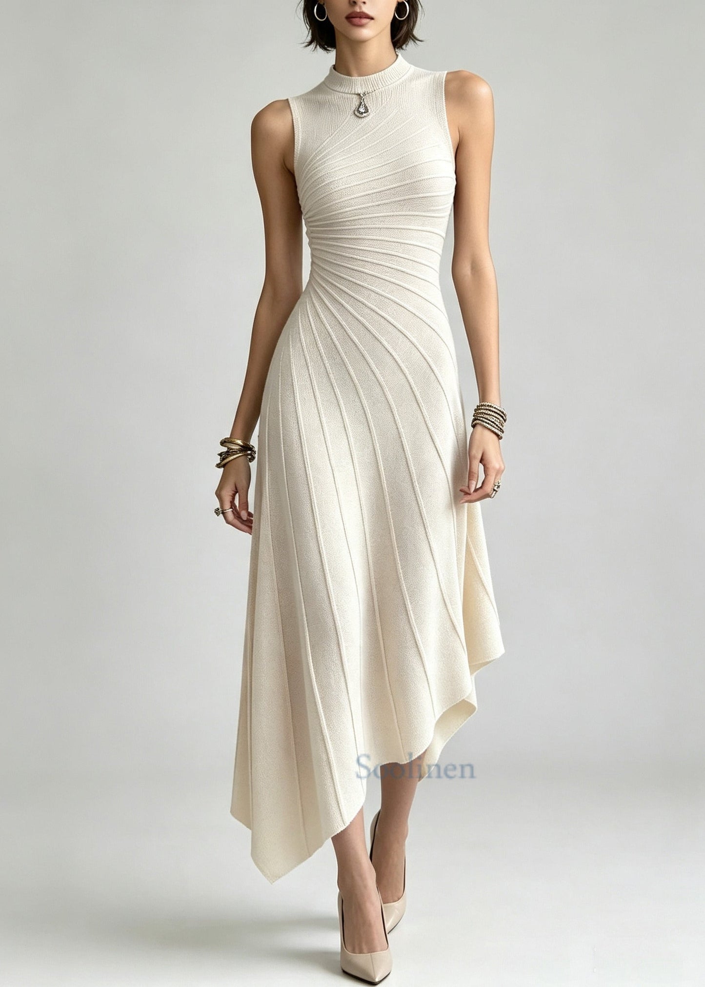Silm Fit Beige Asymmetrical Striped Cotton Maxi Dresses Sleeveless