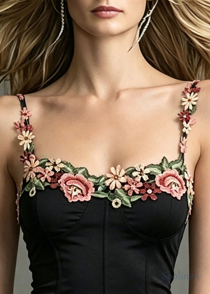 Silm Fit Black Embroideried Floral Cotton Vests Summer