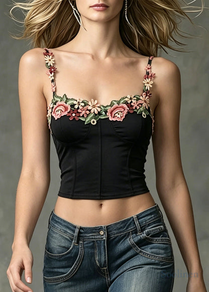 Silm Fit Black Embroideried Floral Cotton Vests Summer