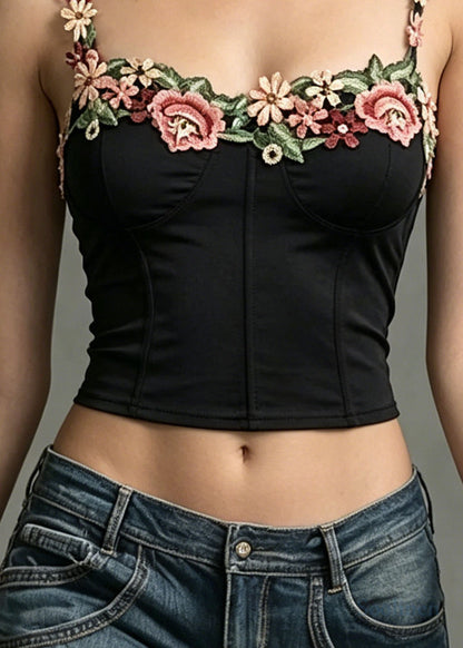 Silm Fit Black Embroideried Floral Cotton Vests Summer