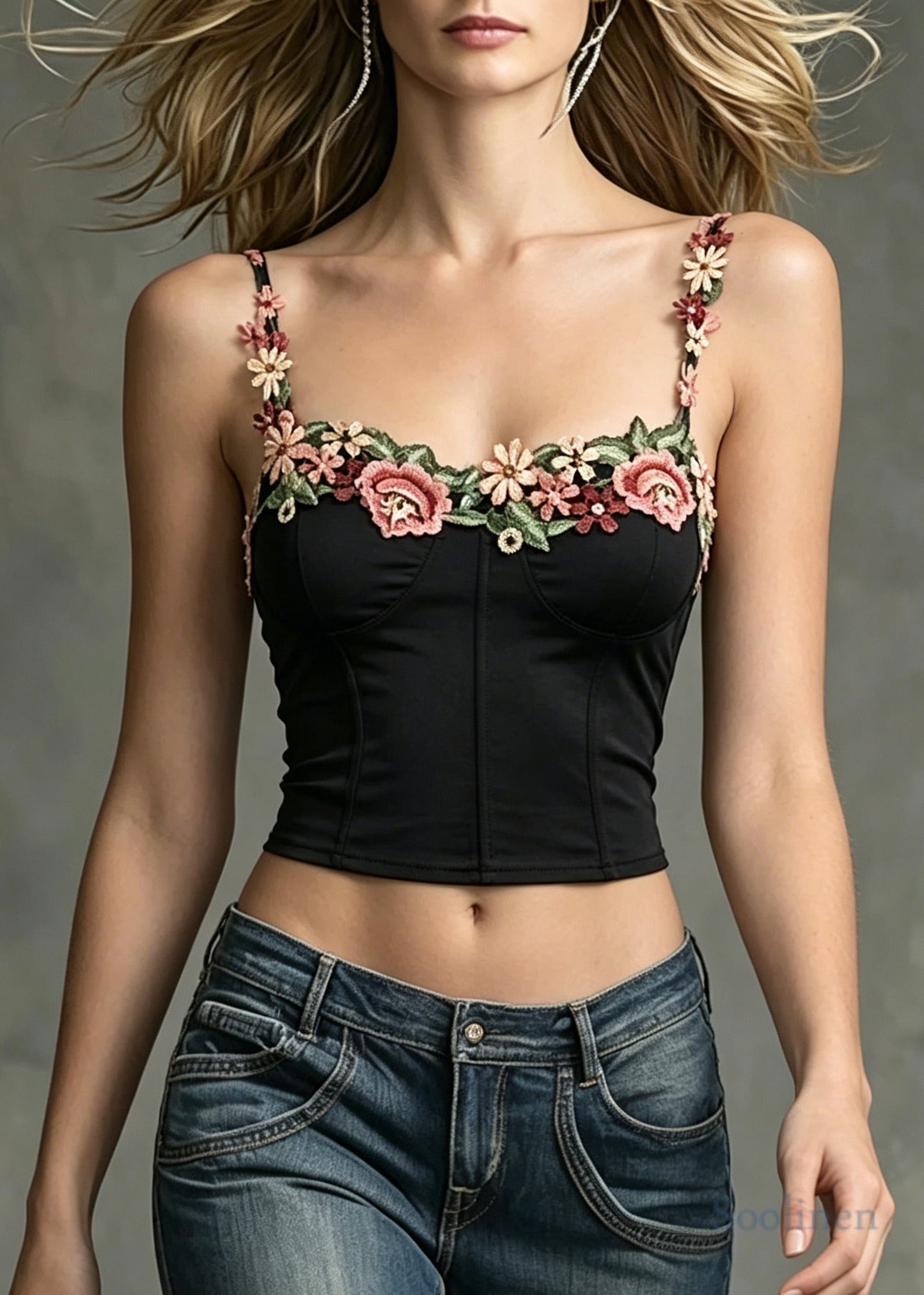 Silm Fit Black Embroideried Floral Cotton Vests Summer