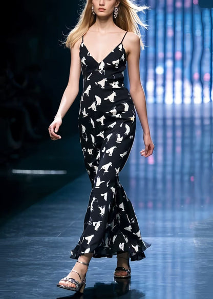 Silm Fit Black Print Chiffon Spaghetti Strap Dress Summer