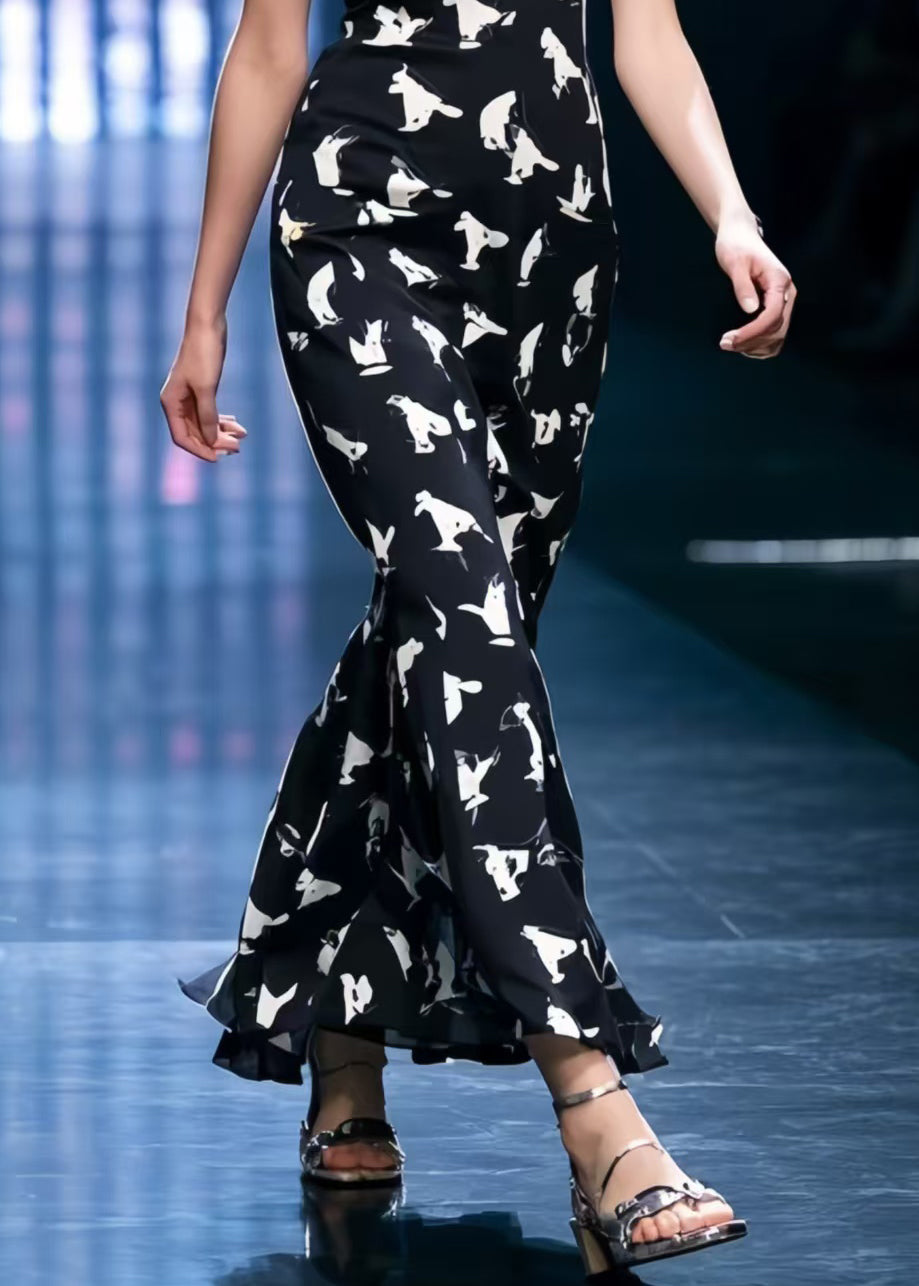 Silm Fit Black Print Chiffon Spaghetti Strap Dress Summer