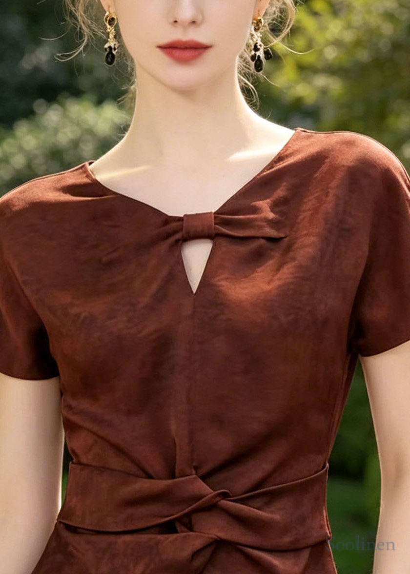 Silm Fit Brown Asymmetrical Hollow Out Cotton Blouse Top Summer