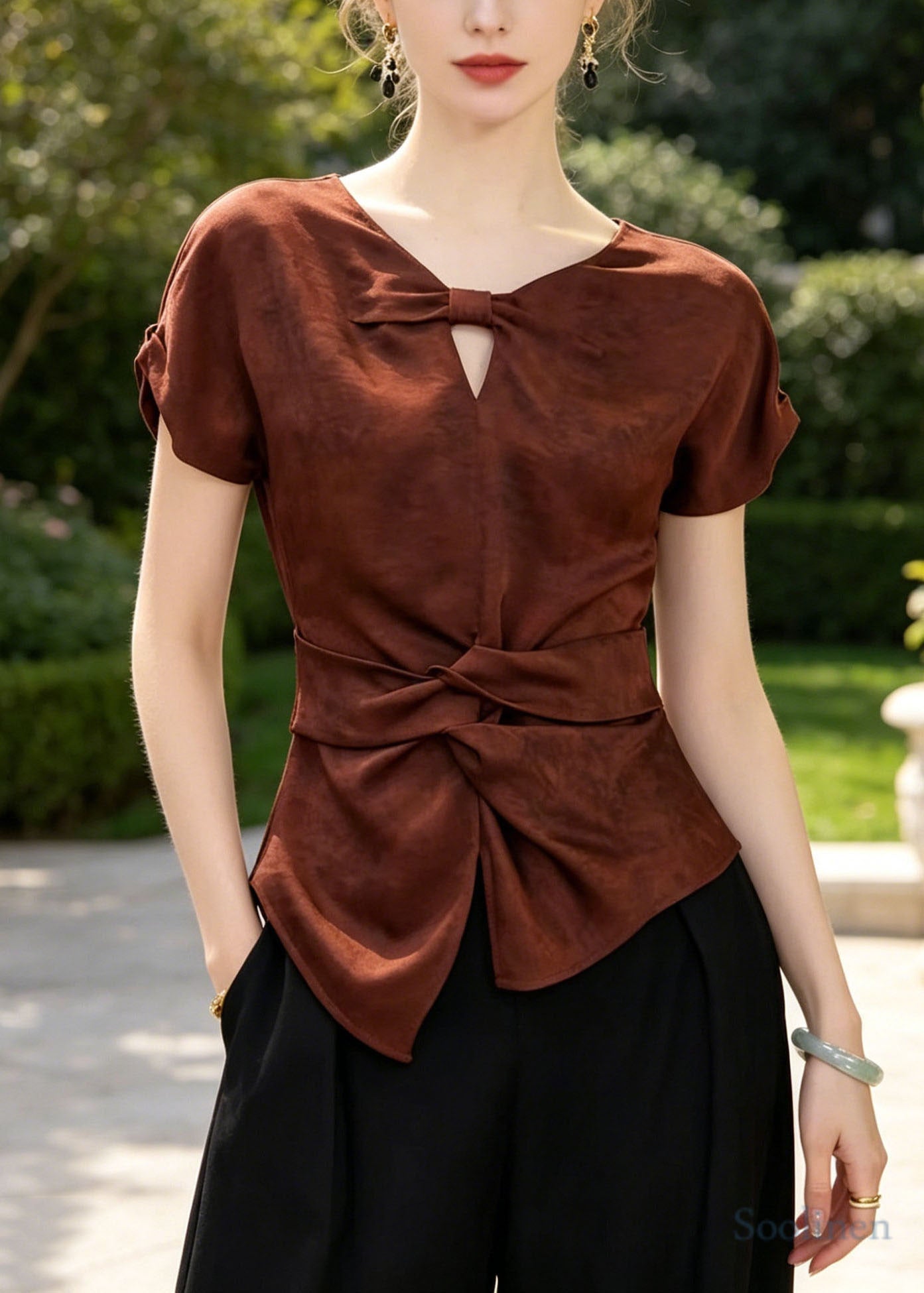 Silm Fit Brown Asymmetrical Hollow Out Cotton Blouse Top Summer