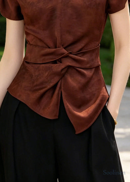 Silm Fit Brown Asymmetrical Hollow Out Cotton Blouse Top Summer