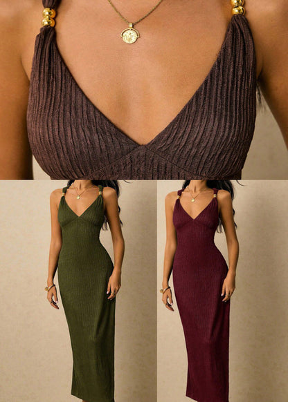 Silm Fit Brown Wrinkled Cross Strap Cotton Cami Dresses Summer