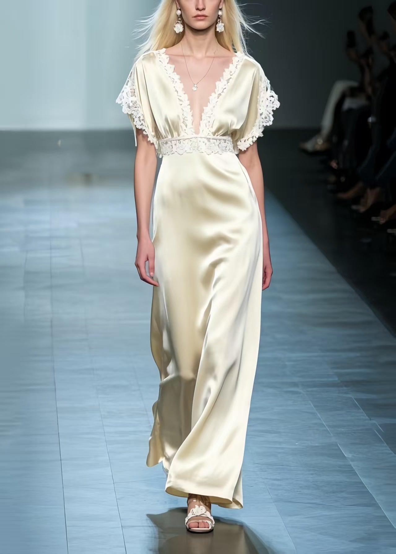 Silm Fit Champagne Patchwork Lace Silk Party Dresses Summer