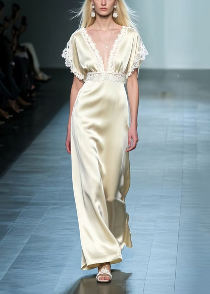 Silm Fit Champagne Patchwork Lace Silk Party Dresses Summer