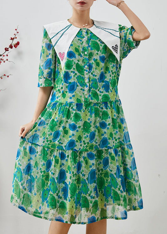 Silm Fit Grün Peter Pan Kragen Print Chiffon Langes Kleid Sommer