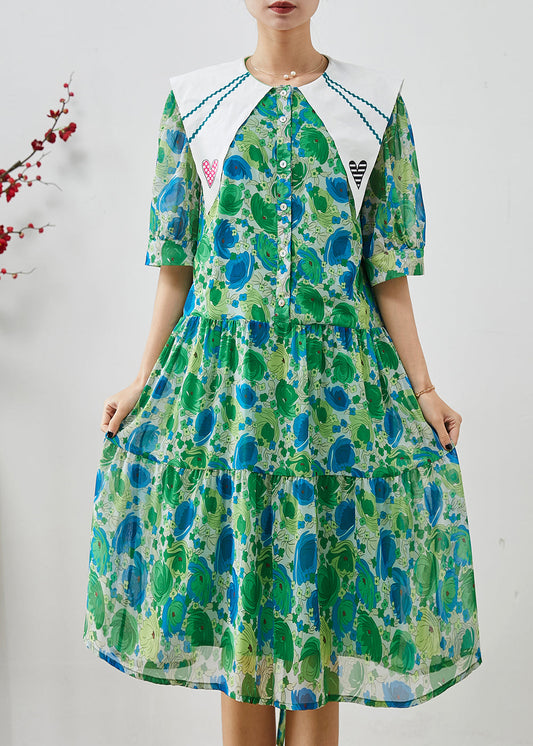Silm Fit Grün Peter Pan Kragen Print Chiffon Langes Kleid Sommer