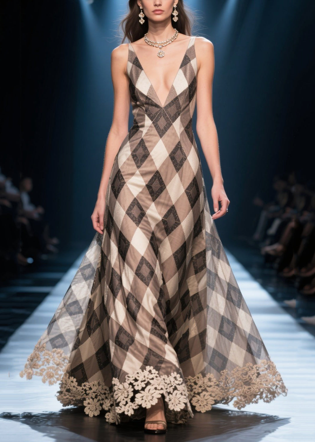 Silm Fit Khaki Plaid Patchwork Lace Chiffon Dress Summer