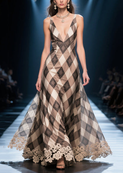 Silm Fit Khaki Plaid Patchwork Lace Chiffon Dress Summer