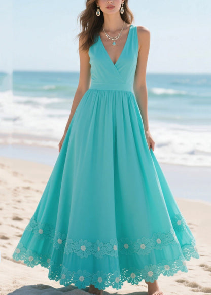 Silm Fit Lake Blue Patchwork Flower Lace Chiffon Long Dresses Summer