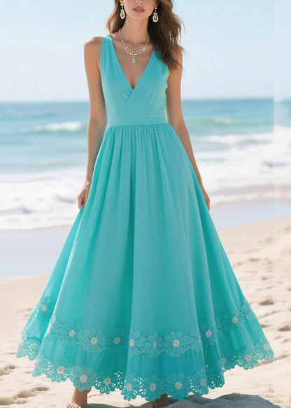 Silm Fit Lake Blue Patchwork Flower Lace Chiffon Long Dresses Summer