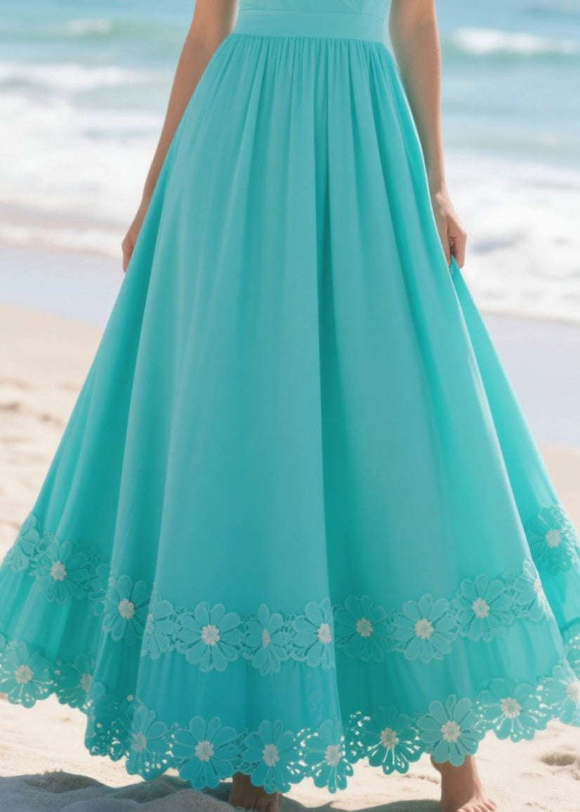 Silm Fit Lake Blue Patchwork Flower Lace Chiffon Long Dresses Summer