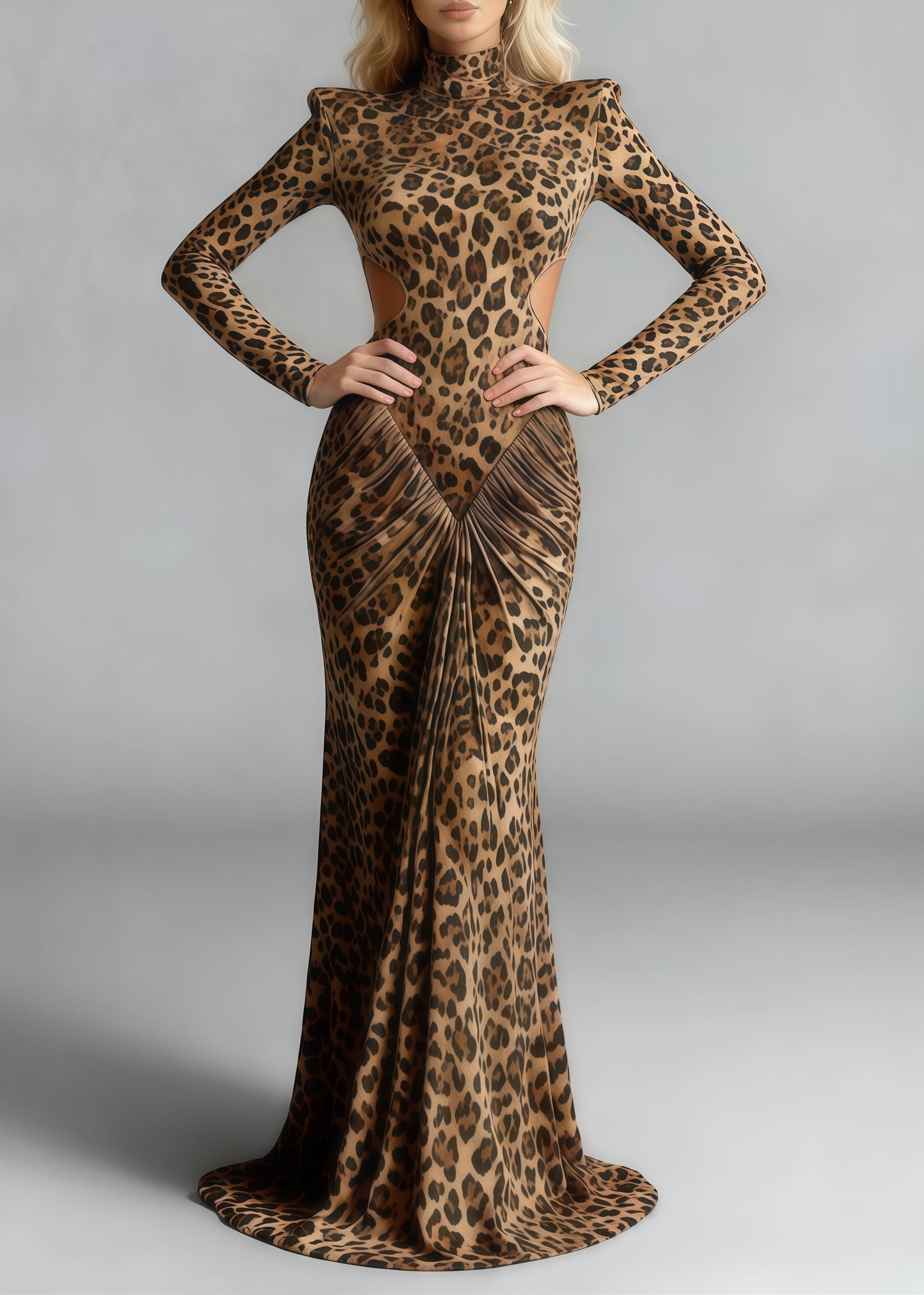 Silm Fit Leopard Print Backless Wrinkled Cotton Party Dress Spring