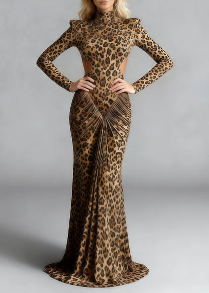 Silm Fit Leopard Print Backless Wrinkled Cotton Party Dress Spring