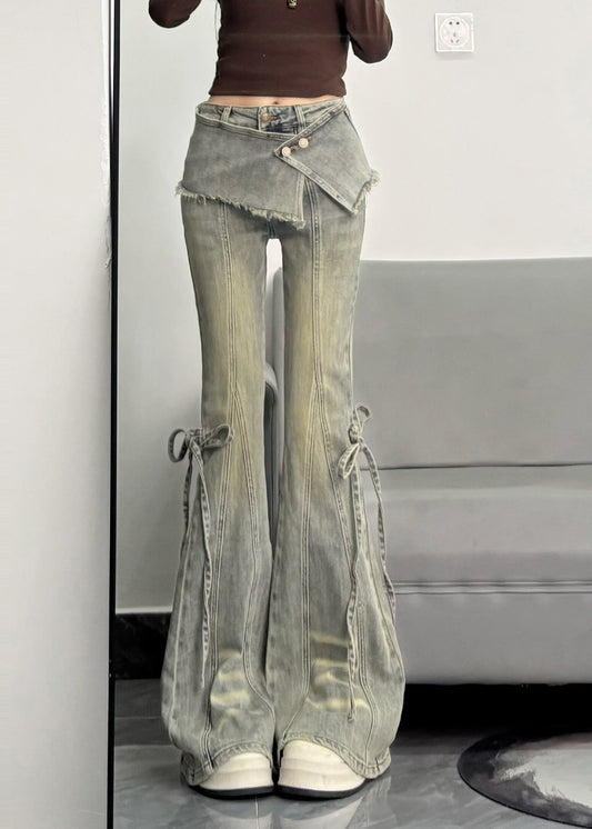 Silm Fit Light Blue Denim Flare Bottoms Pants Skirt Spring