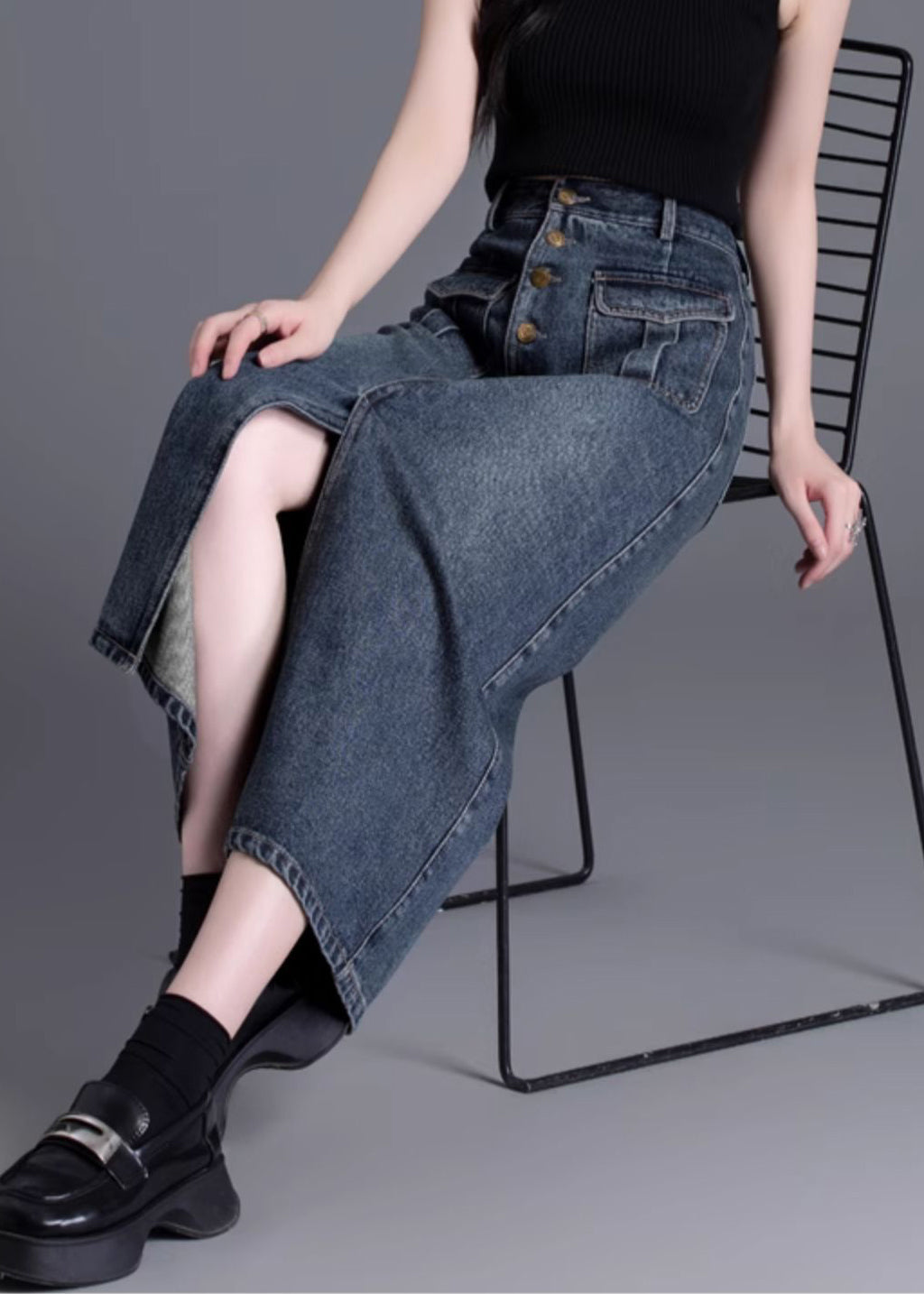 Silm Fit Navy High Waist Side Open Denim Straight Skirt Spring