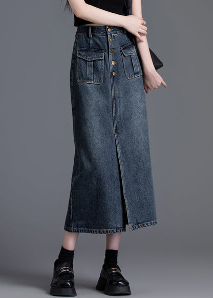 Silm Fit Navy High Waist Side Open Denim Straight Skirt Spring