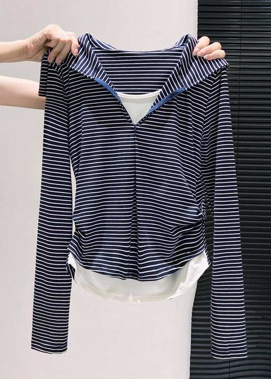 Silm Fit Navy Striped Patchwork Cotton Fake Two Piece Tops Fall